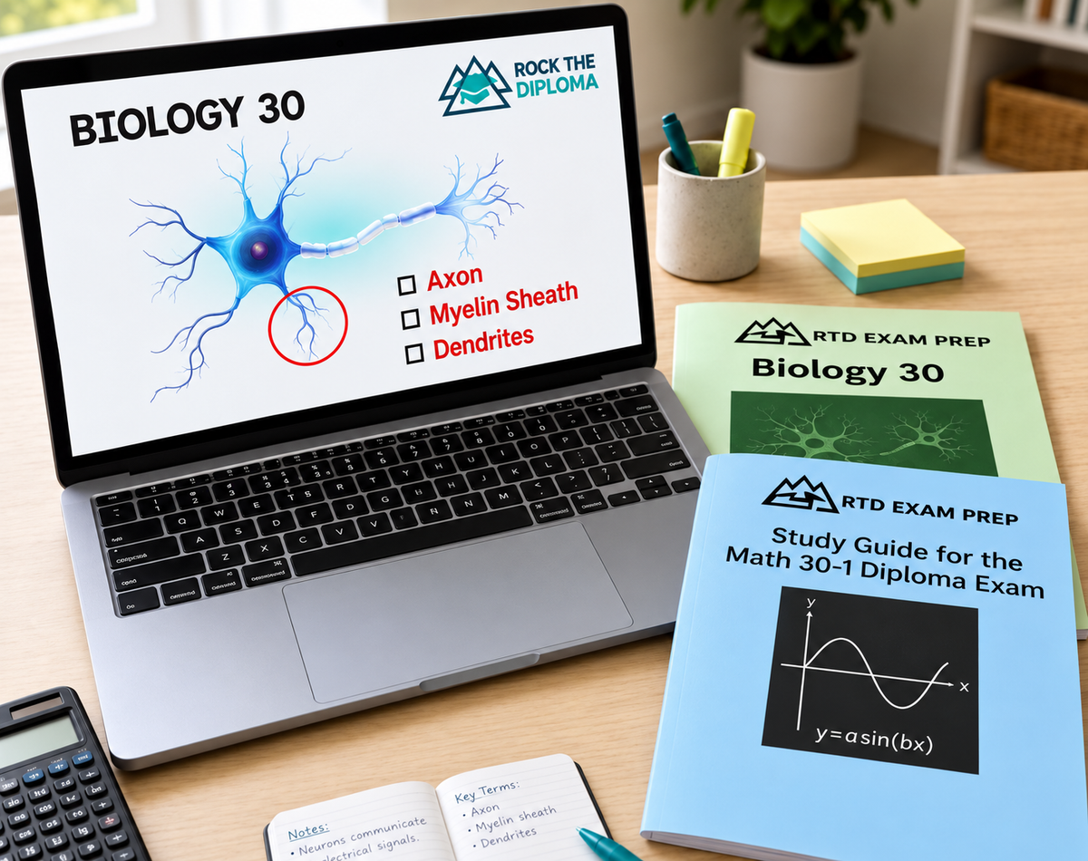 Biology 30 online lesson with RTD Biology 30 and Math 30-1 exam preparation guides on a study desk.