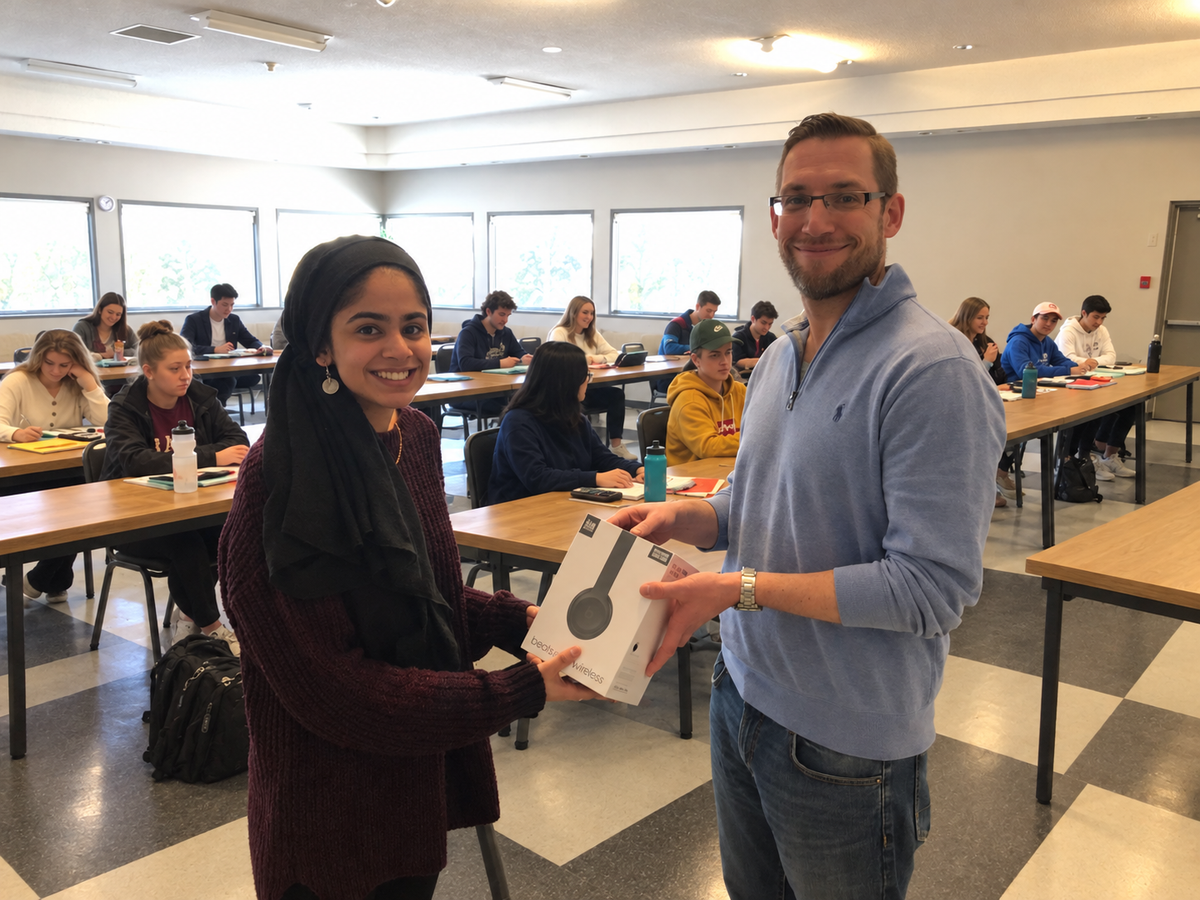 Classroom prize presentation with oak tables — Canyon Meadows, Calgary