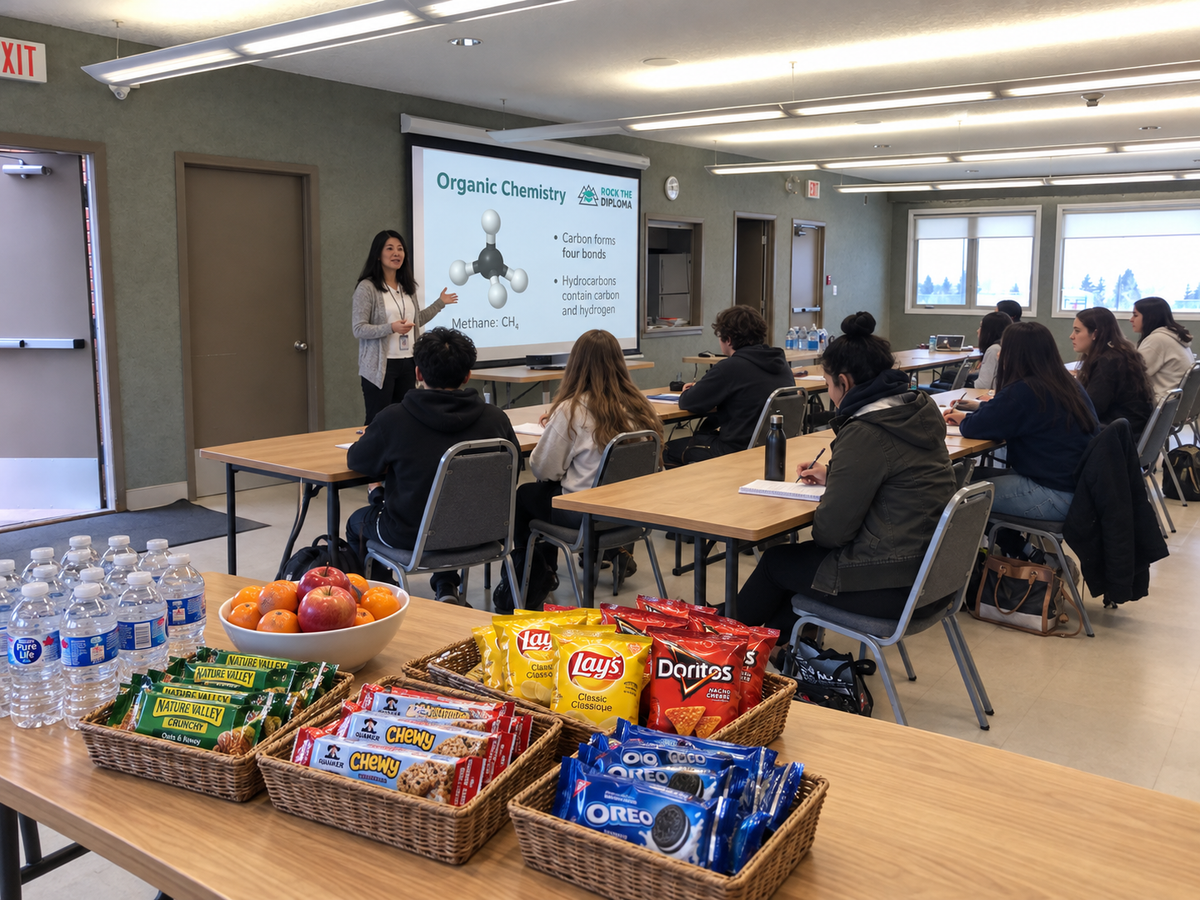Organic chemistry class with student snack table — Canyon Meadows, Calgary