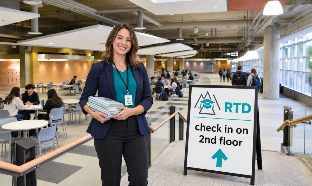 Smiling staff member carries booklets beside sign — MacEwan, Edmonton